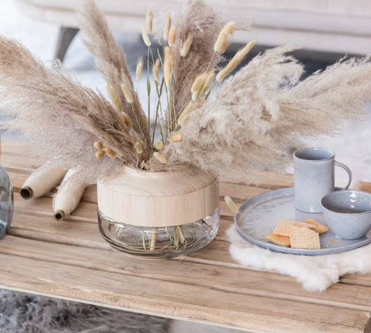 אגרטל זכוכית שקוף רחב 20/25 עם כיסוי עץ